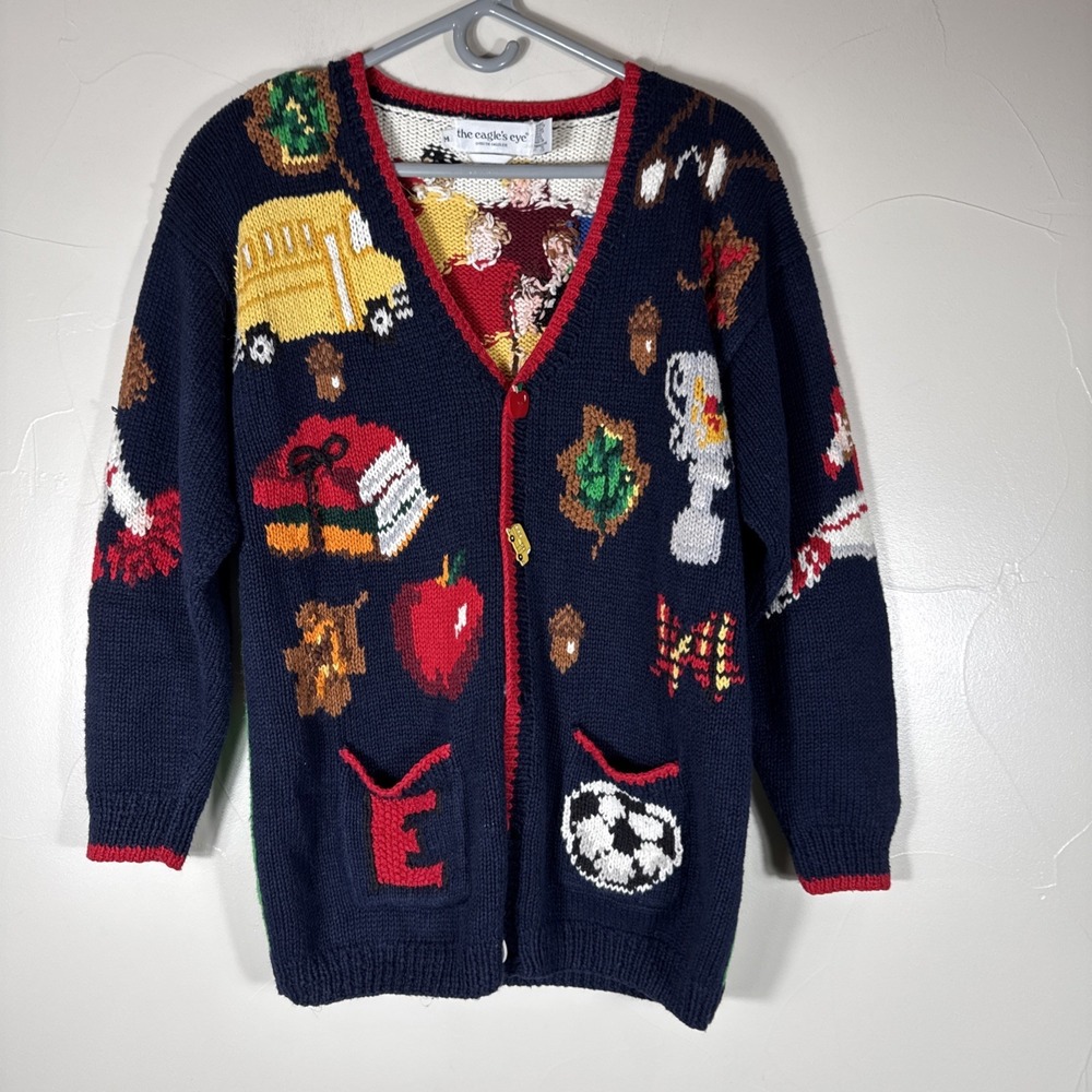 Vintage The Eagles Eye Sweater Cardigan Hand Knitted Teacher Homecoming School M